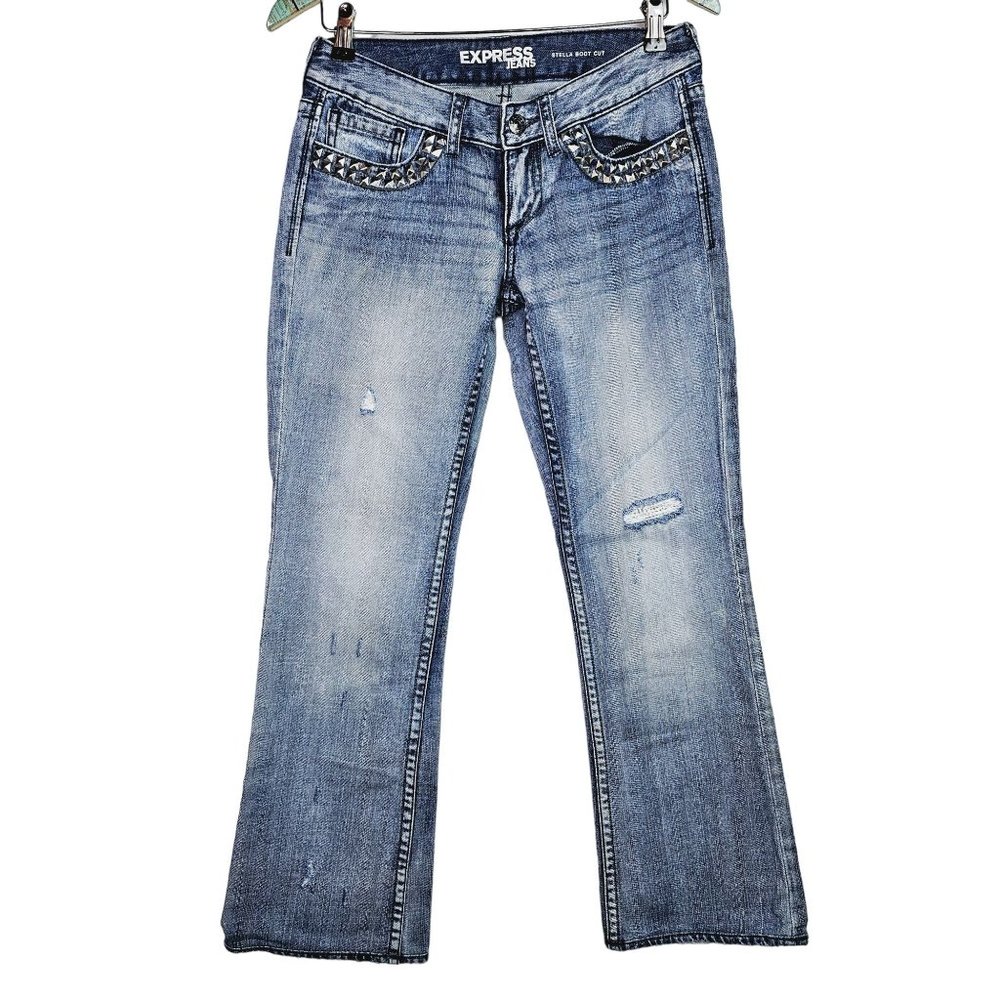 Express Stella Boot Cut Embellished Distressed Holey Mid Wash Jean, Sz 4